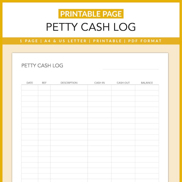 Petty Cash Log | Bookkeeping | Cash Flow | Money Management | Finance Planner | Small Business | Entrepreneur | PDF | Printable | A4 | US