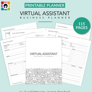 May include: A printable virtual assistant business planner with 115 pages. The planner includes sections for email management, daily tasks, project planning, meeting notes, and hotel bookings. The planner is available in A4, A5, and letter sizes.