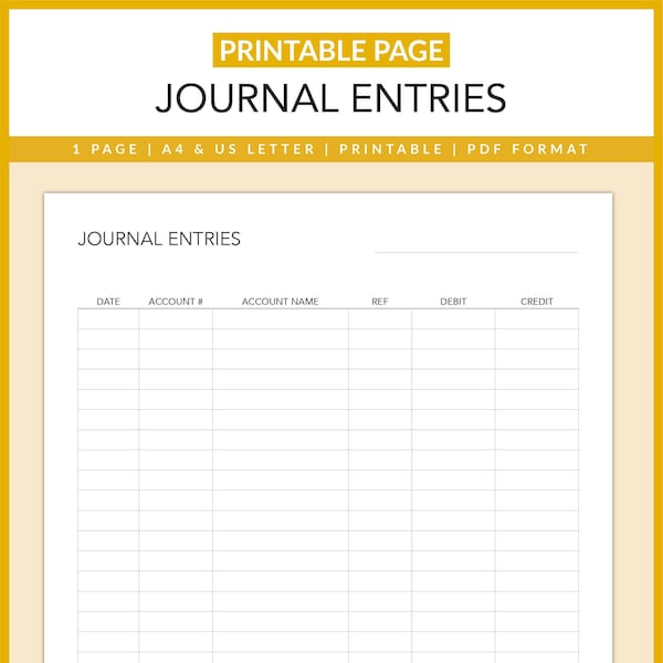 Journal Entry Form | Bookkeeping | Business Finances | Accounting Ledger | Small Business | Entrepreneurs | PDF | Printable | A4 | US Letter