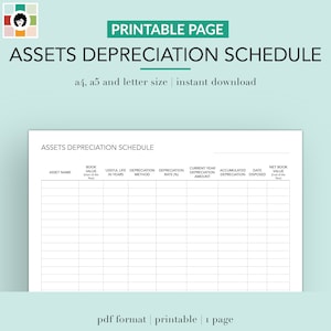 Assets Depreciation Schedule  | PDF | US Letter | A4 | A5 | Instant Download | Accounting | Bookkeeping | Small Business | Entrepreneur