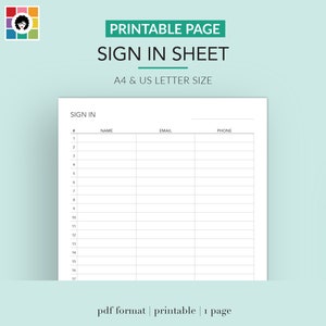 Sign In Sheet  PRINTABLE  Email List  Event Sign In  Contact Information  Guest List  Instant Download A4 A5 US Letter Size