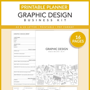 Kit de negócios de design gráfico | Imprimível | Planejador de projetos | Planejador de Projeto | Resumo de design de logotipo | Gestão de Clientes | Serviços | A4 | Carta
