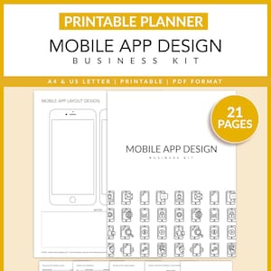 May include: A printable mobile app design business kit with 21 pages. The kit includes a mobile app layout design, app icons, a brand guide, app screens, an app design sheet, and app development questions. The kit is in black and white and has a yellow background.
