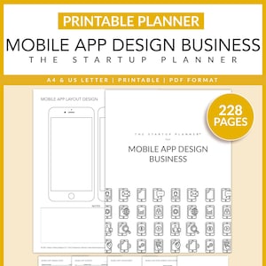 Pode incluir: Um planejador imprimível para empresas de design de aplicativos móveis. O planejador inclui 228 páginas de modelos e folhas de trabalho para ajudar você a planejar, projetar e lançar seu aplicativo. A capa apresenta uma ilustração em preto e branco de um smartphone.