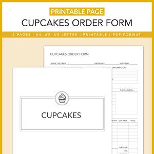 May include: Printable cupcake order form with a black and white cupcake icon. The form includes sections for customer information, order date, order number, photo/sketch, quantity, unit price, total, subtotal, tax, delivery, discount, and total.