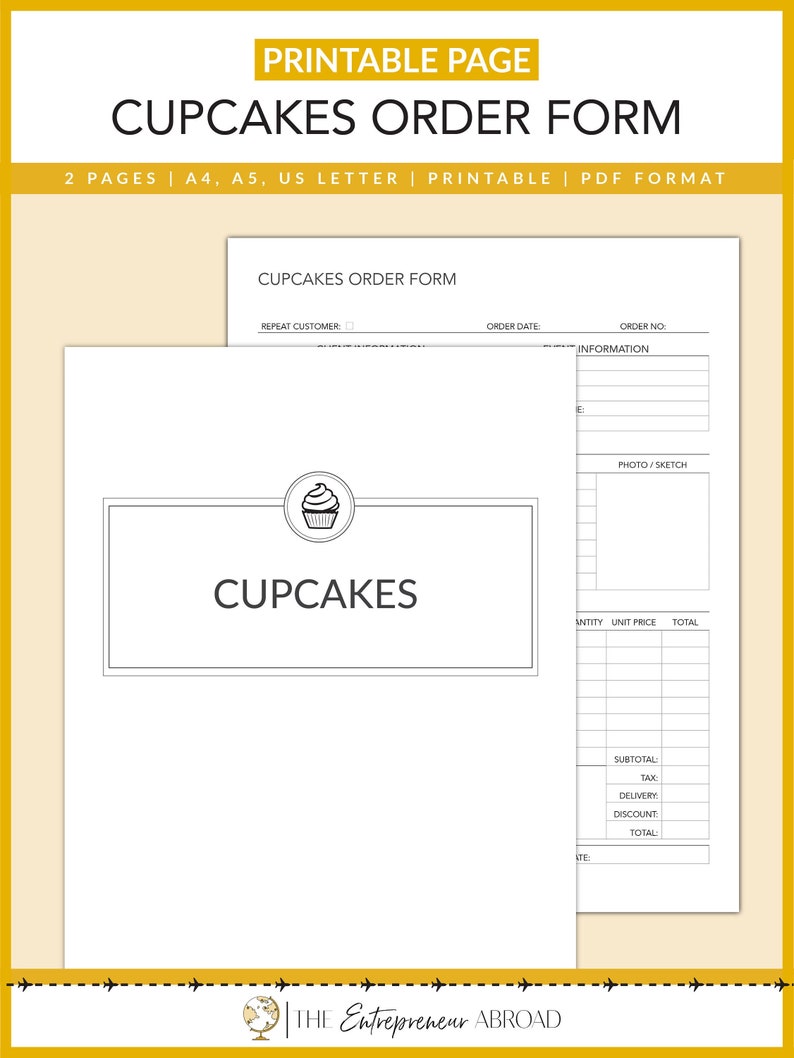 May include: Printable cupcake order form with a black and white cupcake icon. The form includes sections for customer information, order date, order number, photo/sketch, quantity, unit price, total, subtotal, tax, delivery, discount, and total.