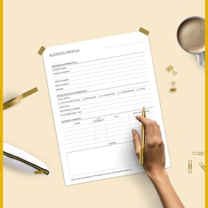 May include: A printable business profile template with sections for business information, registration information, and business owners. The template includes fields for business name, address, phone number, email address, legal status, start date, registration number, tax ID number, owner name, ownership percentage, and title. The template also includes a notes section.