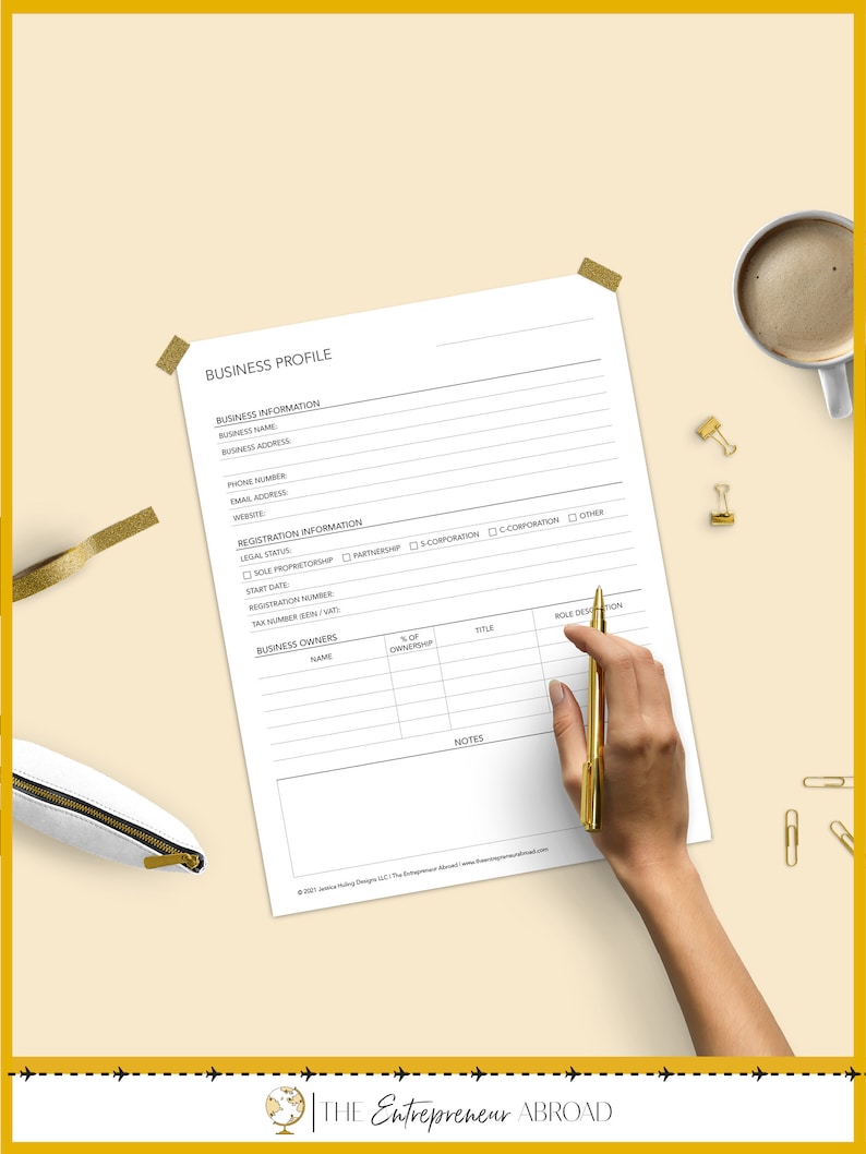 May include: A printable business profile template with sections for business information, registration information, and business owners. The template includes fields for business name, address, phone number, email address, legal status, start date, registration number, tax ID number, owner name, ownership percentage, and title. The template also includes a notes section.