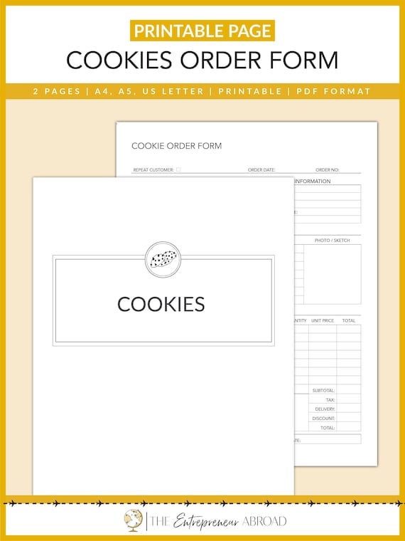 Cookie Order Form | Bakery | Add Logo | Fillable | Printable | Baking Business | Bakery Business Planner | Instant Download | US Letter | A4