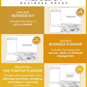May include: A yellow and white graphic with the text "The Collection: Web Design Business Packs". Three different business packs are shown: Basic Pack Business Kit, Plus Pack Business Planner, and Premium Pack The Startup Planner. Each pack includes a website layout design template and a web design business planner. The number of pages in each pack is listed: 20 pages, 61 pages, and 227 pages.