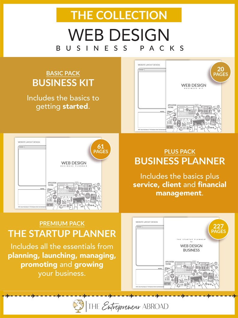 May include: A yellow and white graphic with the text "The Collection: Web Design Business Packs". Three different business packs are shown: Basic Pack Business Kit, Plus Pack Business Planner, and Premium Pack The Startup Planner. Each pack includes a website layout design template and a web design business planner. The number of pages in each pack is listed: 20 pages, 61 pages, and 227 pages.