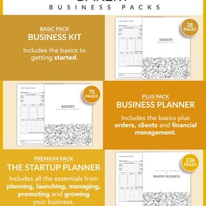 May include: A graphic showing three different business planner packages for a bakery. The packages are labeled "Basic Pack Business Kit", "Plus Pack Business Planner", and "Premium Pack The Startup Planner". Each package includes a different number of pages and features. The image also includes a cake order form and a graphic of bakery items.