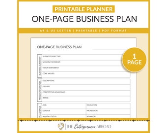 One Page Business Plan, Printable, Business Planner, Entrepreneur Planner, Business Forms, Business Organizer, Letter, A4, Instant Download