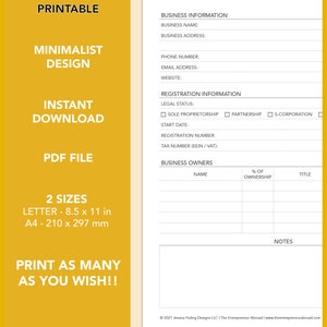 May include: Printable business profile template in a minimalist design. The template includes sections for business information, registration information, and business owners. The template is available in two sizes: letter (8.5 x 11 inches) and A4 (210 x 297 mm).