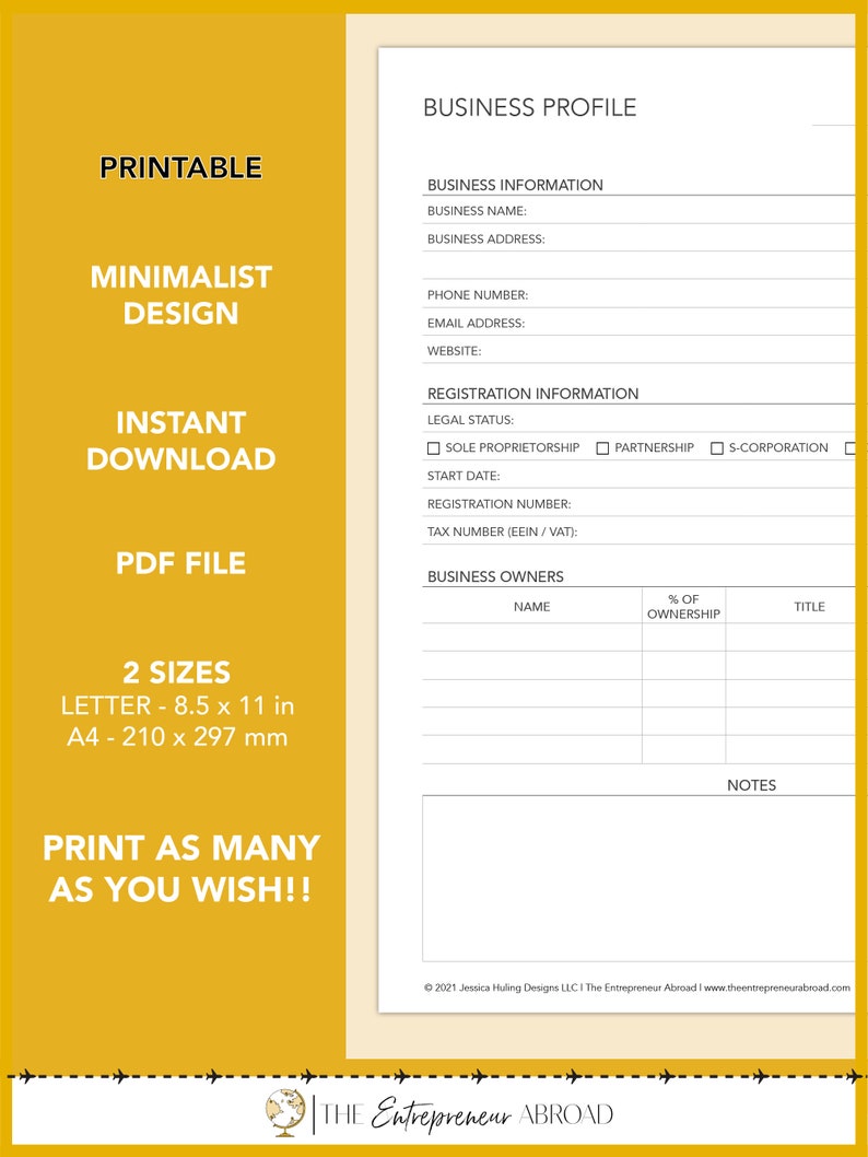 May include: Printable business profile template in a minimalist design. The template includes sections for business information, registration information, and business owners. The template is available in two sizes: letter (8.5 x 11 inches) and A4 (210 x 297 mm).