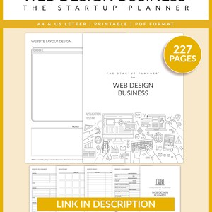 May include: A black and white printable web design business startup planner with 227 pages. The planner includes sections for website layout design, application testing, website SEO, website map, website pages, and website design brief. The planner is available for download with a link in the description.