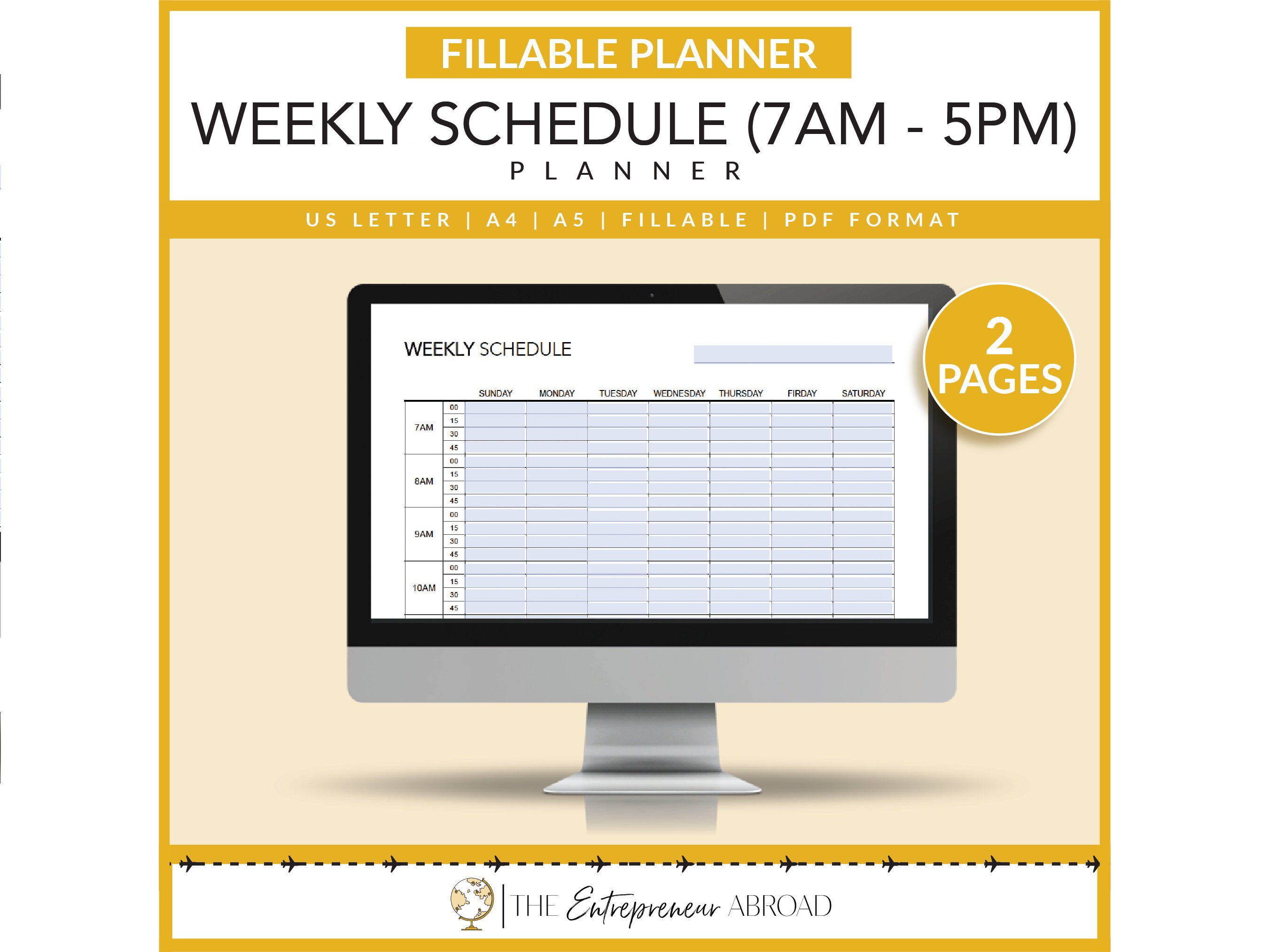 Weekly Schedule Planner 7AM-5PM: Fillable, Printable (US Letter, A4, A5 ...