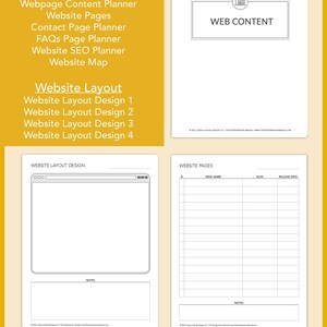 May include: A black and white printable worksheet with the text "Website Content" and "Website Layout" in a yellow box. The worksheet includes sections for website design brief, information, brand guide, webpage content planner, website pages, contact page planner, FAQs page planner, website SEO planner, website map, website layout design 1, 2, 3, and 4. The worksheet also includes a section for website pages with columns for page name, slug, and release date.