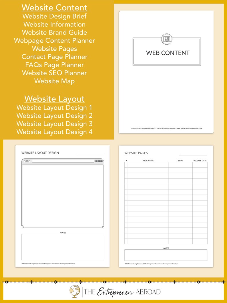 May include: A black and white printable worksheet with the text "Website Content" and "Website Layout" in a yellow box. The worksheet includes sections for website design brief, information, brand guide, webpage content planner, website pages, contact page planner, FAQs page planner, website SEO planner, website map, website layout design 1, 2, 3, and 4. The worksheet also includes a section for website pages with columns for page name, slug, and release date.