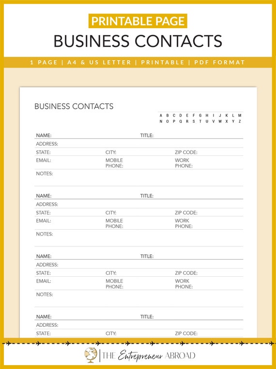 Business Contacts, Printable, Business Planner, Entrepreneur Planner, Business Forms, Business Organizer, Letter, A4, Instant Download