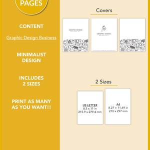 May include: A digital download of 16 pages of graphic design business templates. The cover features a minimalist design with a black and white illustration of graphic design tools. The templates are available in two sizes: US Letter (8.5 x 11 inches) and A4 (8.27 x 11.69 inches).