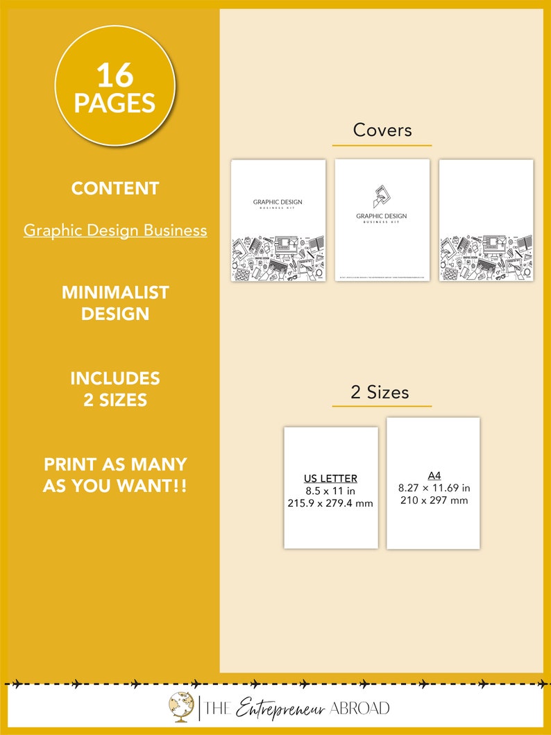 May include: A digital download of 16 pages of graphic design business templates. The cover features a minimalist design with a black and white illustration of graphic design tools. The templates are available in two sizes: US Letter (8.5 x 11 inches) and A4 (8.27 x 11.69 inches).
