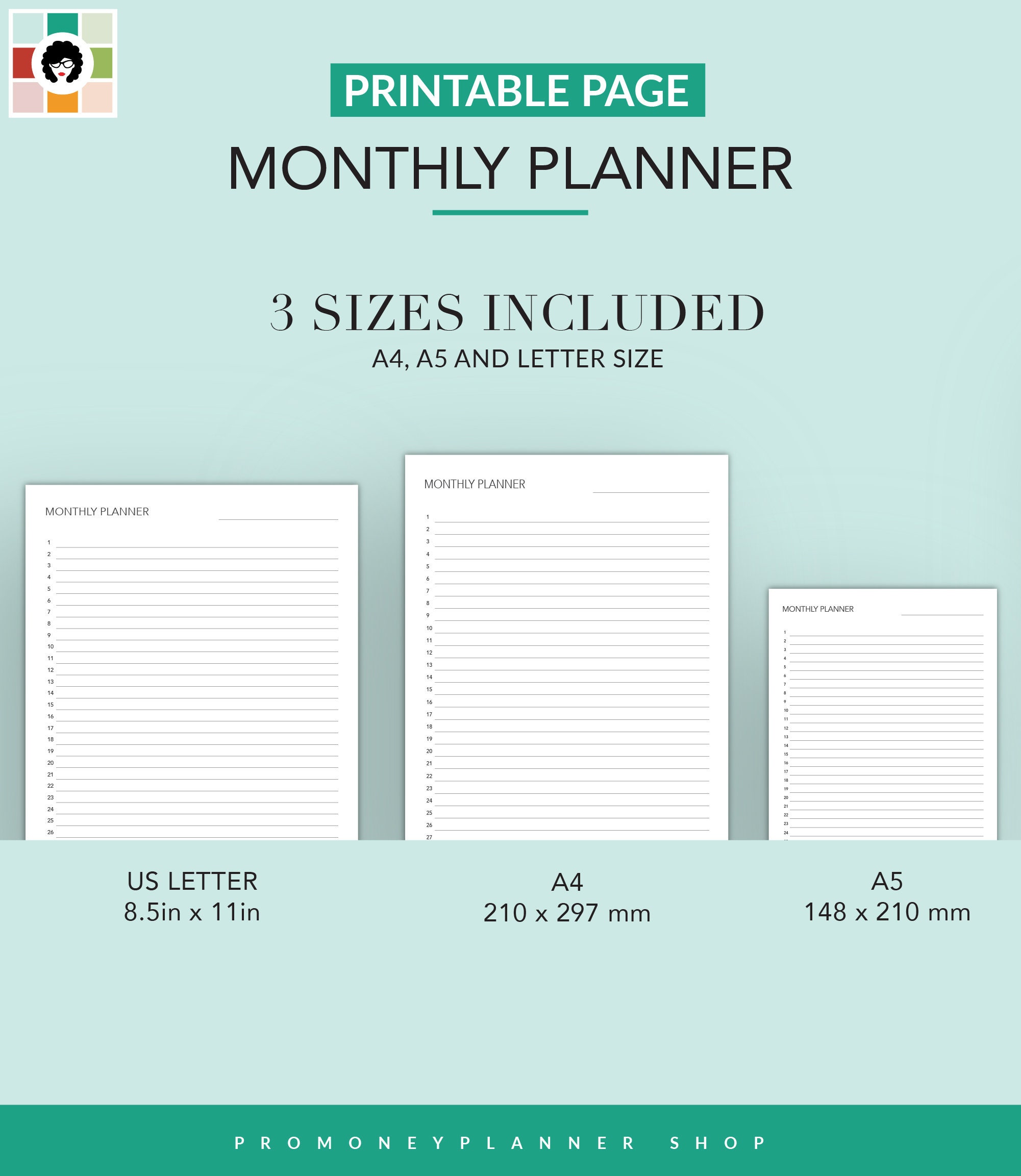 Monthly Planner | Printable | PDF | US Letter | A4 | A5 | Instant ...