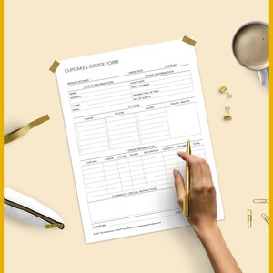 May include: A printable cupcake order form with sections for client information, event details, order information, and special instructions. The form includes fields for name, address, phone number, email, event date, event address, delivery pick-up time, number of guests, flavor, colors, filling, decoration, quantity, unit price, and total.