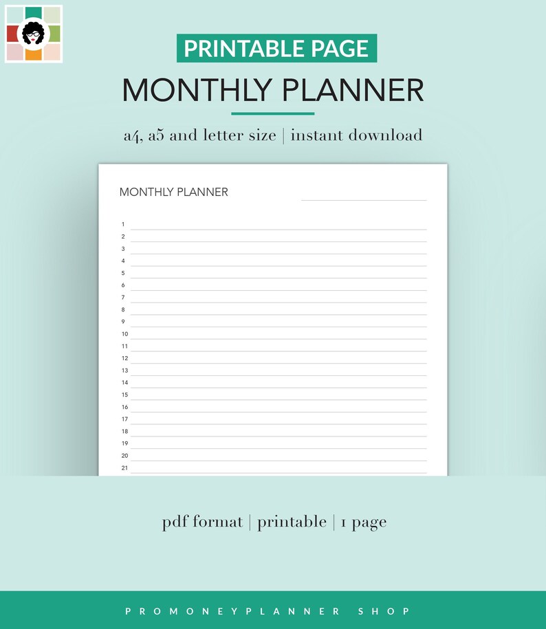Monthly Planner | Printable | PDF | US Letter | A4 | A5 | Instant ...