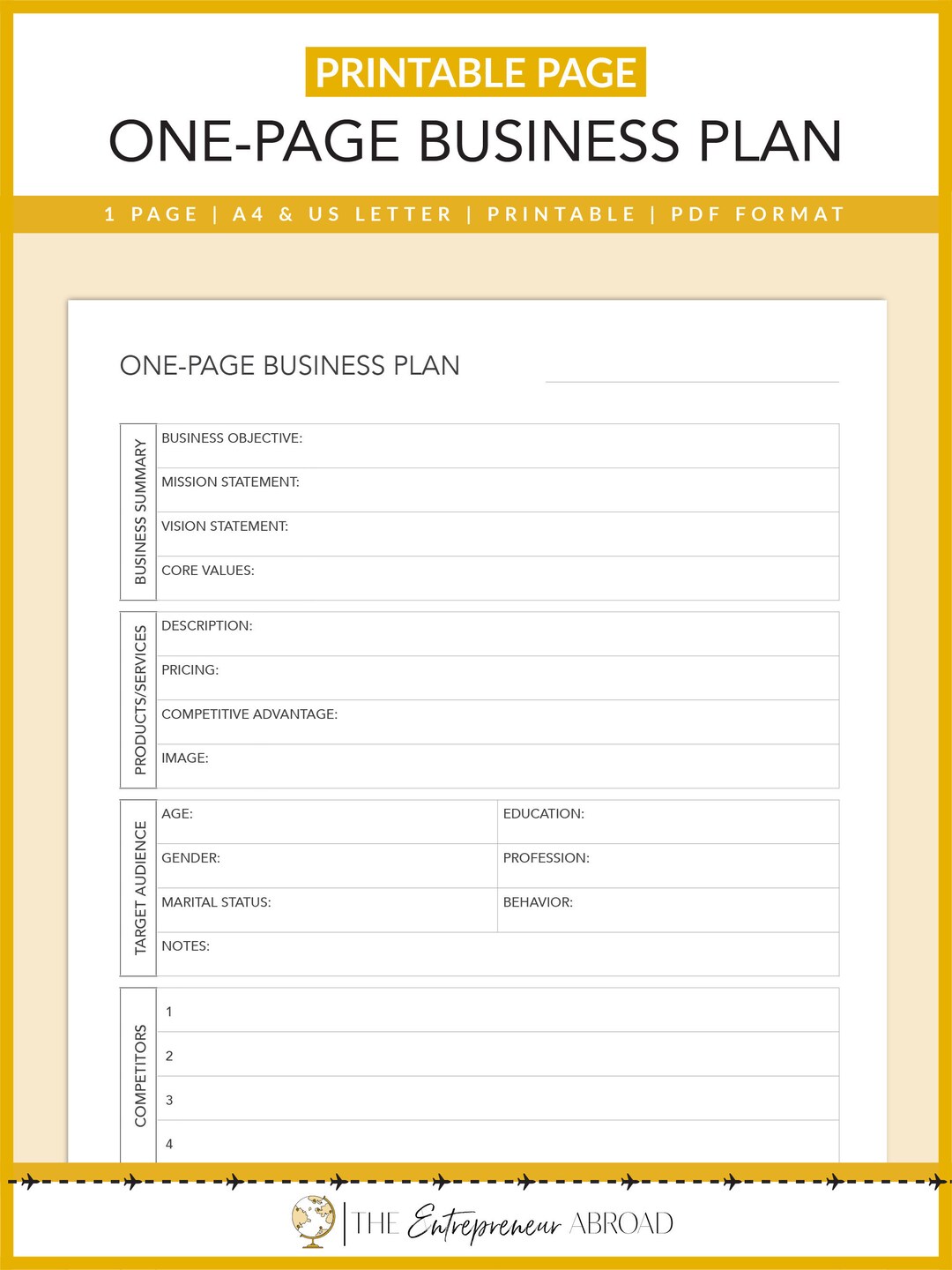 One Page Business Plan Printable Business Planner - Etsy