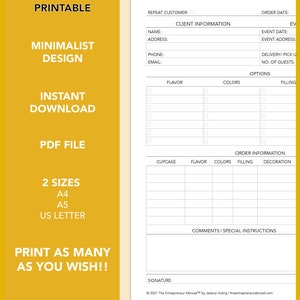 May include: Printable cupcake order form with sections for client information, event details, flavor, colors, filling, and special instructions. The form is designed in a minimalist style with a white background and black text.