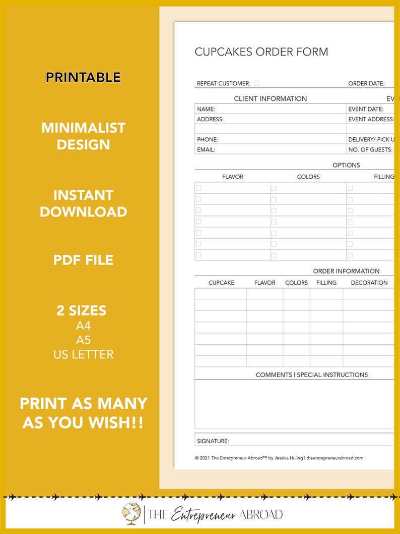 May include: Printable cupcake order form with sections for client information, event details, flavor, colors, filling, and special instructions. The form is designed in a minimalist style with a white background and black text.