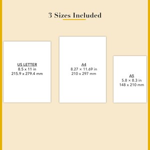May include: A graphic showing three different paper sizes: US Letter, A4, and A5. The sizes are listed in inches and millimeters. The graphic also includes the text "3 Sizes Included" and the logo "THE Entrepreneur ABROAD".