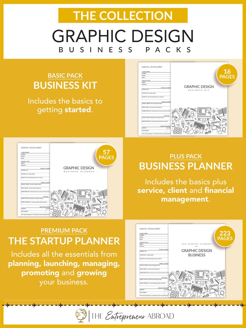 May include: A graphic design business planner collection with three different packages: Basic Business Kit, Plus Business Planner, and Premium Startup Planner. Each package includes a graphic design brief, a business planner, and a page count. The Basic Business Kit has 16 pages, the Plus Business Planner has 57 pages, and the Premium Startup Planner has 223 pages.