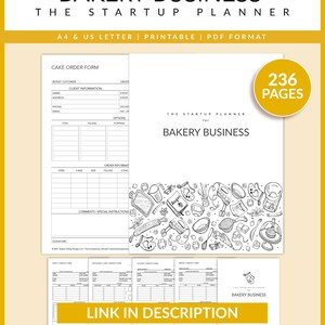 May include: Black and white printable planner for a bakery business. The planner includes a cake order form, party order form, wedding cake order form, cookie order form, and bread order form. The planner has 236 pages and is available in A4 and US letter sizes.