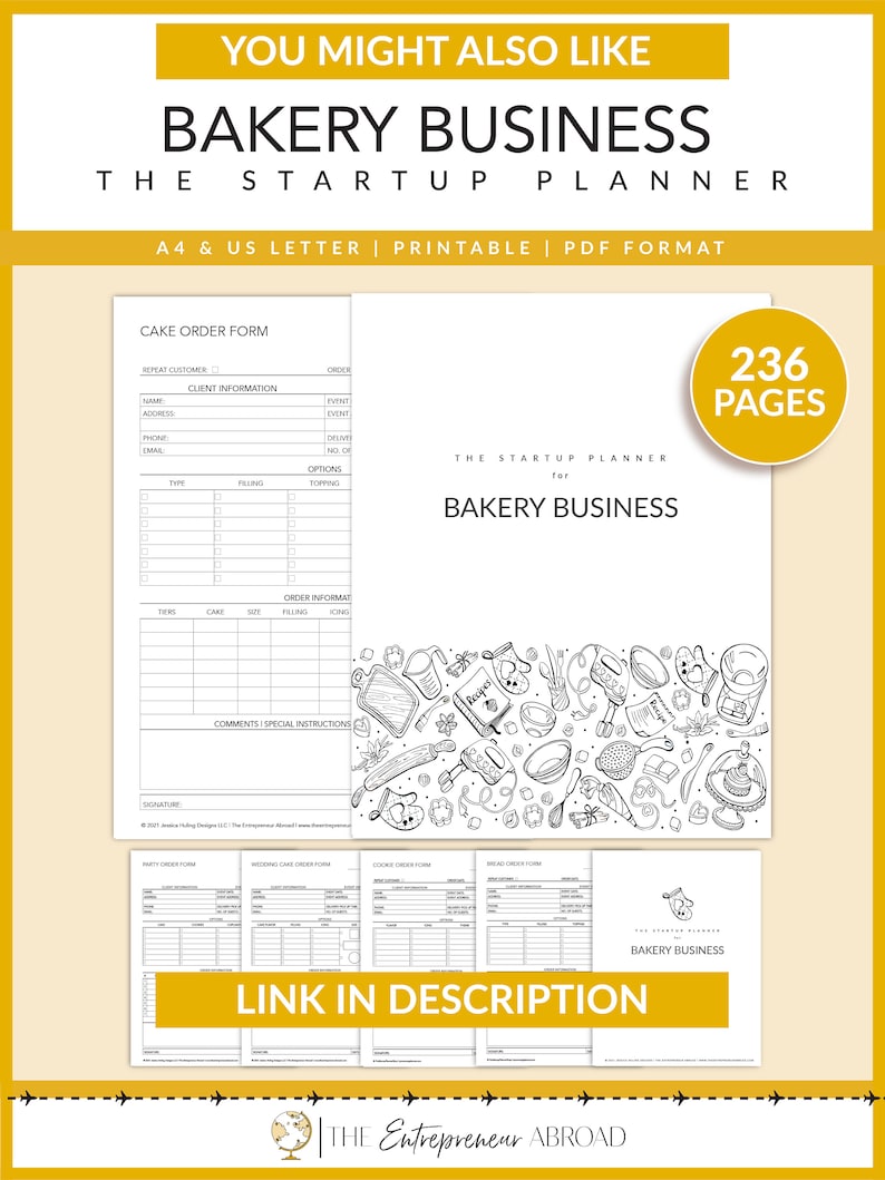 May include: Black and white printable planner for a bakery business. The planner includes a cake order form, party order form, wedding cake order form, cookie order form, and bread order form. The planner has 236 pages and is available in A4 and US letter sizes.