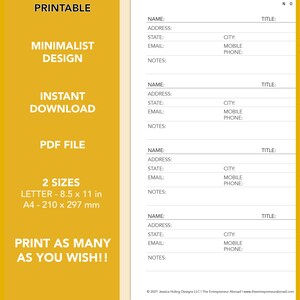 May include: Printable business contact list template with a minimalist design. The template is available in two sizes: letter (8.5 x 11 inches) and A4 (210 x 297 mm). The template includes fields for name, address, state, email, city, mobile phone, and notes.
