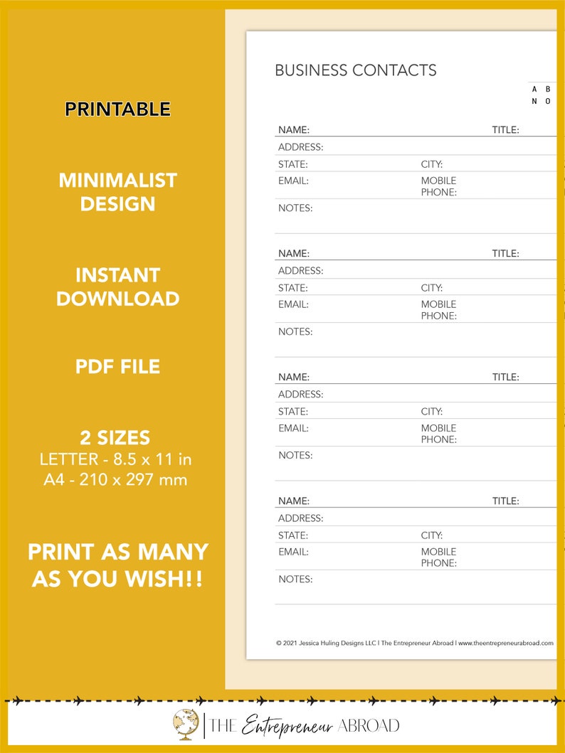 May include: Printable business contact list template with a minimalist design. The template is available in two sizes: letter (8.5 x 11 inches) and A4 (210 x 297 mm). The template includes fields for name, address, state, email, city, mobile phone, and notes.