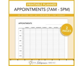 Appointment 7AM - 5PM Planner | Printable | Monday | Tuesday | Wednesday | Thursday | Friday | Saturday | Sunday |  US Letter | A4 | A5