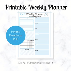 May include: Printable weekly planner with a blue and white color scheme. The planner includes sections for to-do lists, goals, and a daily schedule. The text "Let your visions come true" is included in the header.