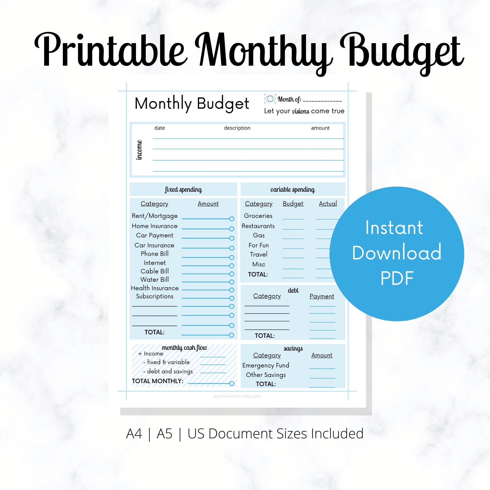 Printable Monthly Budget, Monthly Planner, Instant Download, Planner ...