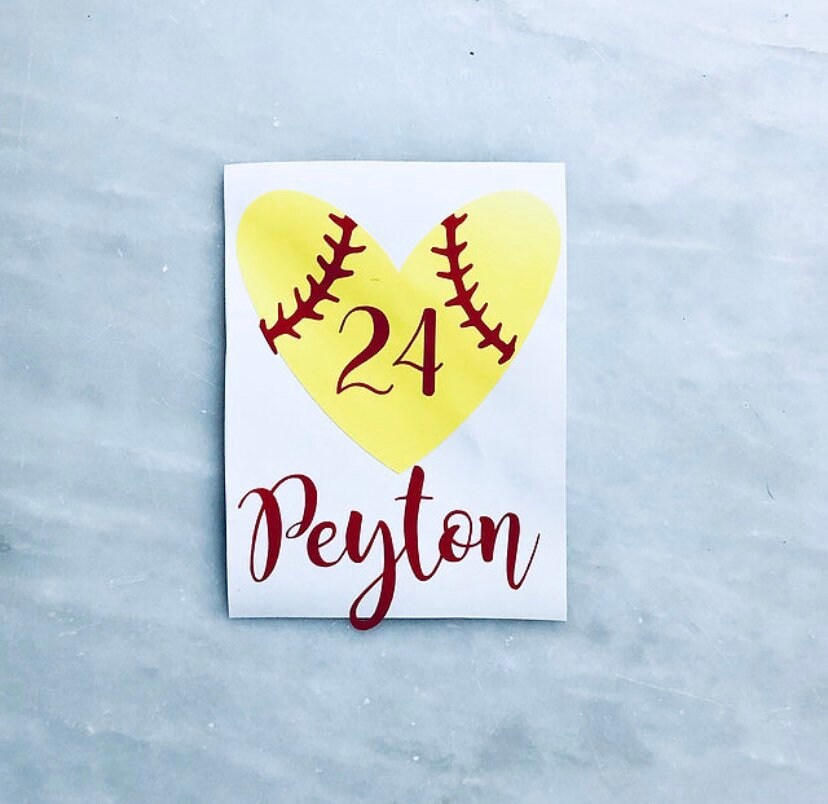 Personalized Softball Heart Vinyl Decal Self Adhesive & Iron Etsy