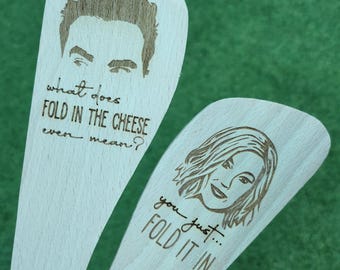 Schitts Creek. Fold in the Cheese. Double sided. Funny spatula. Alternative gift. Joke present. Cooking. Baking supplies. David Moira.