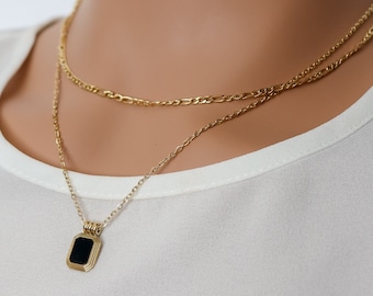 Black Onyx Necklace, Figaro Chain, Gold Filled Necklace Set, Vintage Double Layered Necklace, Double Chain Laying Necklace Set