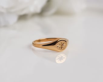 Starburst Signet Ring, 18K Gold Simple Statement Ring, Bridesmaid, Mothers Gift for her, Dainty, Minimalist, Ring for women, Waterproof