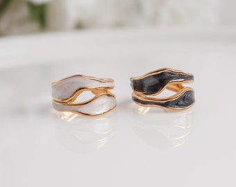 Marble Black / White Ring, 18K Gold, Statement Ring, Bridesmaid, Mothers Gift, Dainty, Minimalist, Ring for women, Waterproof, fits 6-9US