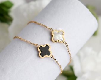 Clover Bracelet, White Black 18K Gold Plated Layering Dainty minimalist chains bracelets, Bridesmaid, Mothers Gift, Bracelet for women