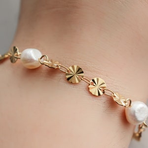 Pearl Sunburst circle Bracelet or Necklace, 18K Gold Plated Dainty minimalist chain bracelet, Bridesmaid, Christmas Gift, Bracelet for women