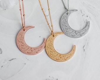 Verily With Hardship Comes Ease, Moon Crescent Arabic, Quran Verse Patience Necklace, 18K Gold Plated,  Islamic Calligraphy, Eid Gift