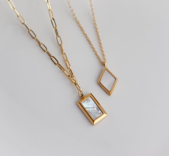 Pearl Block Chain Necklace Rectangle/diamond Pendant Dainty - Etsy